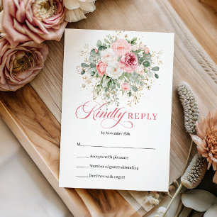 Elegant Boho Rosé Rosen Grönska Guld Bröllop RSVP OSA Kort