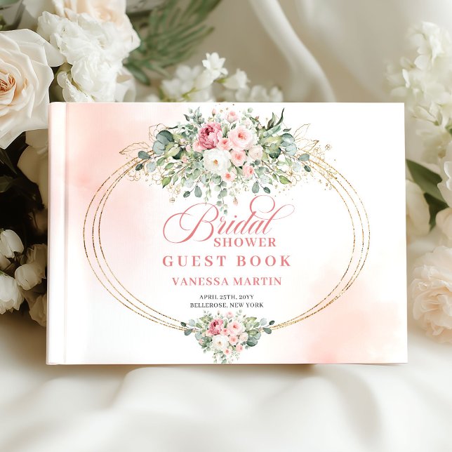 Elegant Boho Rosor i Rosenskär Grönska Guld Bröllo Gästböcker (Elegant Boho Blush Roses Greenery Gold Bridal Guest Book)