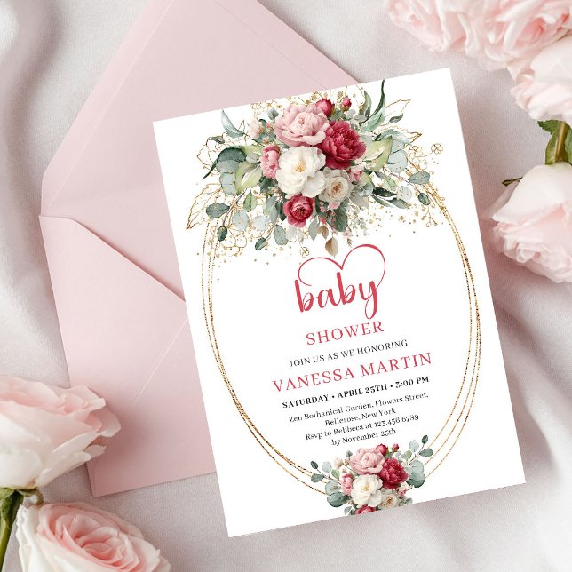 Elegant Boho Ruby Blush Gold Floral Baby Shower  Inbjudningar (Elegant Boho Ruby Blush Gold Floral Baby Shower Invitation)
