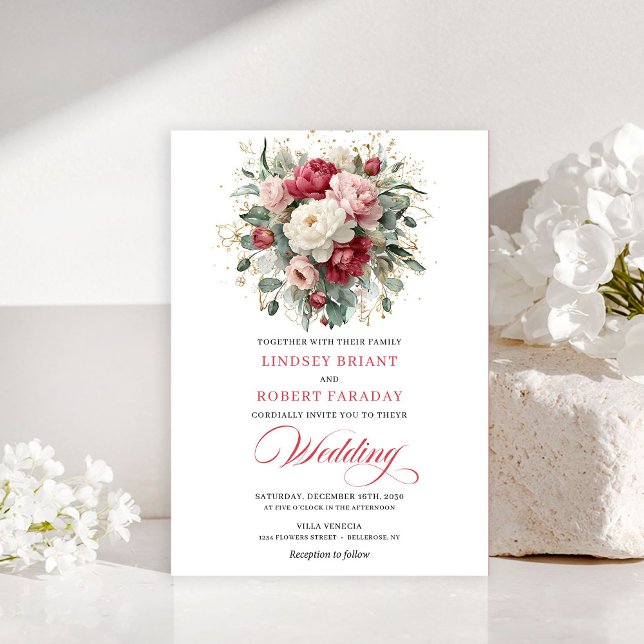 Elegant Boho Ruby Red Blush Greenery Invitation Inbjudningar (Elegant Boho Ruby Red Blush Greenery Invitation)