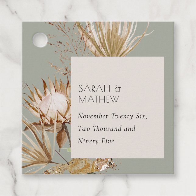 Elegant Boho Saga Grönt Protea Torkad Blommigt Han Gåvor Etiketter (Framsida)