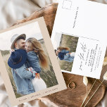 Elegant Boho Spara datum för fotominimalister Meddelande Vykort<br><div class="desc">Bröllop Boho Terracotta Spara datumkort med foto på framsidan. Spara datumkorten innehåller en modern handskriven kursiv skripttypografi som är elegant,  enkel och modern till använda efter att du har minimalistisk enkel bröllopsdag firande.</div>