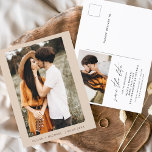 Elegant Boho Spara datum för fotominimalister Meddelande Vykort<br><div class="desc">Bröllop Boho Terracotta Spara datumkort med foto på framsidan. Spara datumkorten innehåller en modern handskriven kursiv skripttypografi som är elegant,  enkel och modern till använda efter att du har minimalistisk enkel bröllopsdag firande.</div>