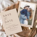 Elegant Boho Spara datum för fotominimalister Spara Datumet<br><div class="desc">Bröllop Boho Terracotta Spara datumkort med foto på framsidan. Spara datumkorten innehåller en modern handskriven kursiv skripttypografi som är elegant,  enkel och modern till använda efter att du har minimalistisk enkel bröllopsdag firande.</div>