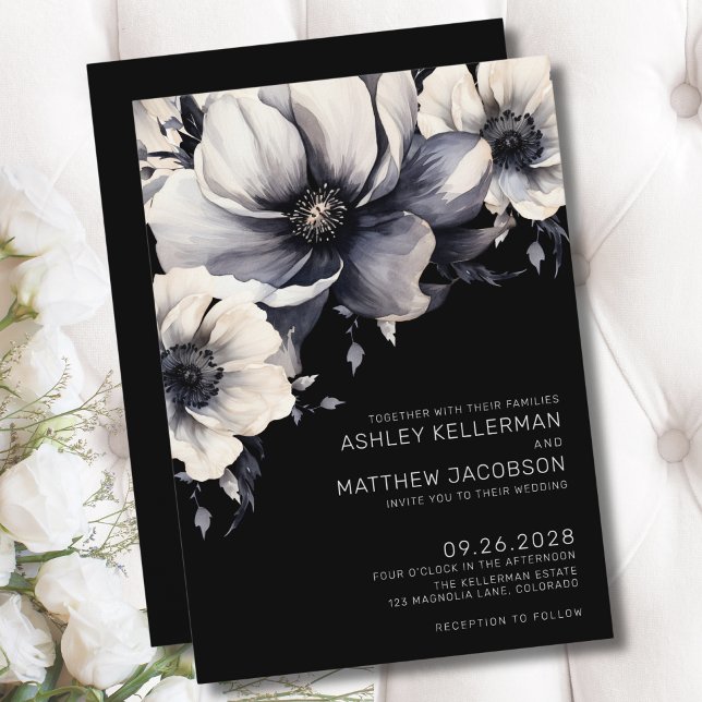 Elegant Boho Svart Blommig Bröllop Inbjudningar (Modern Elegant Black Floral Wedding Invitation)