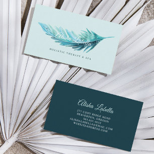 Elegant Boho Teal & Aqua Blue Watercolor Feather Visitkort