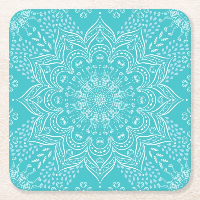 Elegant Boho Teal Blue Mandala Underläggs Underlägg Papper Kvadrat (Framsidan)