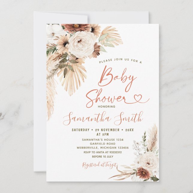 Elegant Boho Terracota White Blommigt Baby Shower Inbjudningar (Framsida)