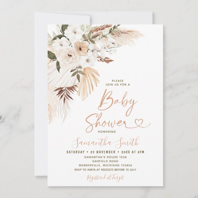 Elegant Boho Terracota White Flowers Baby Shower Inbjudningar (Framsida)