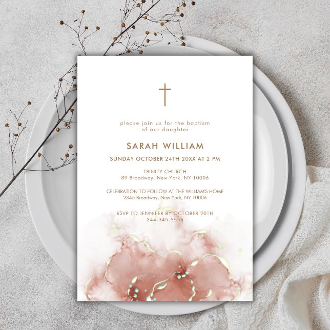 Elegant Boho Terracotta Agate Guld Kor Baptism Inbjudningar (Elegant Boho Terracotta Agate Gold Cross Baptism Invitation)
