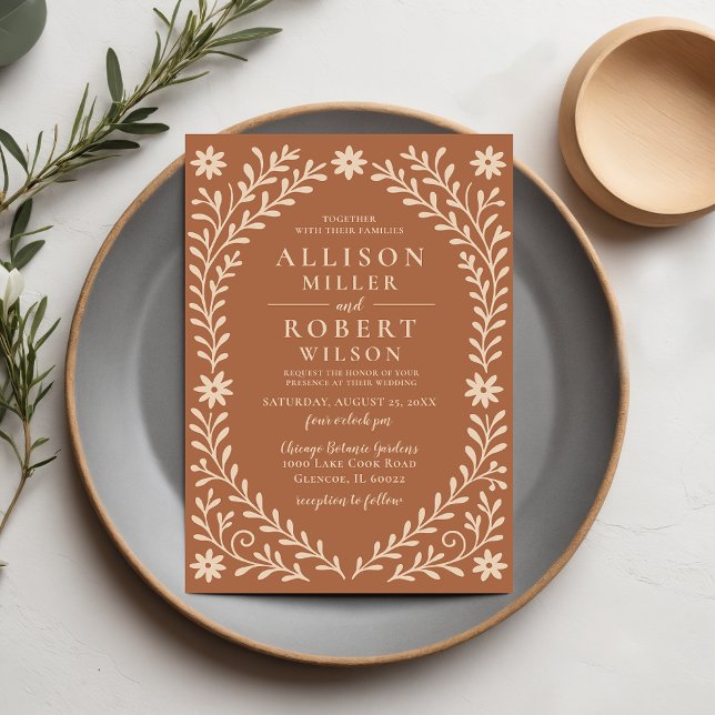Elegant Boho Terracotta Blommigt Bröllop Inbjudningar (Elegant Boho Terracotta Floral Wedding Invitation)