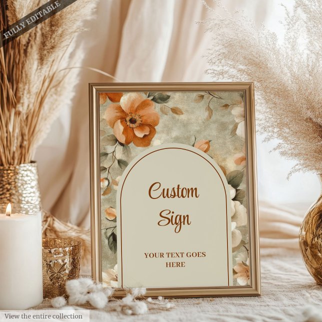 Elegant Boho Terrakotta Elfenben Sage Blommig Anpa Poster (Elegant Boho Terracotta Ivory Sage Floral Custom Sign)