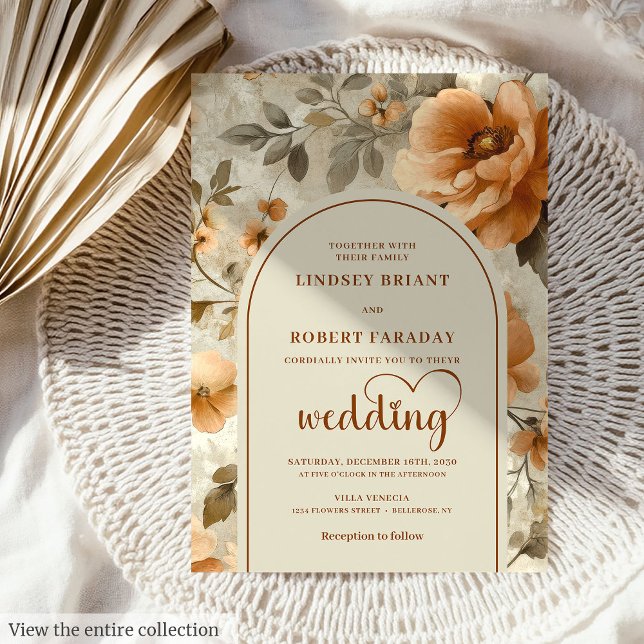 Elegant Boho Terrakotta Elfenben Sage Blommig Bröl Inbjudningar (Chic Boho Terra Cotta Ivory Sage Floral Wedding Invitation)