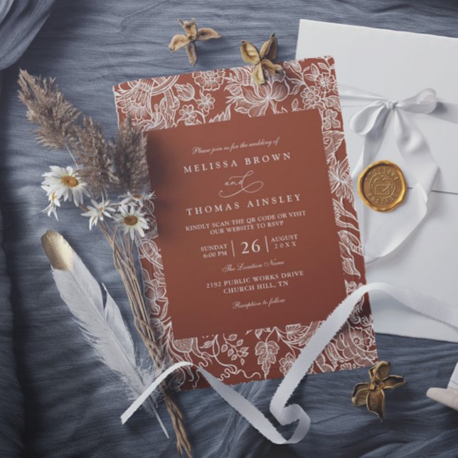 Elegant Boho Terrakotta Vildblomma QR-kod Bröllop Inbjudningar (Skapare uppladdad)