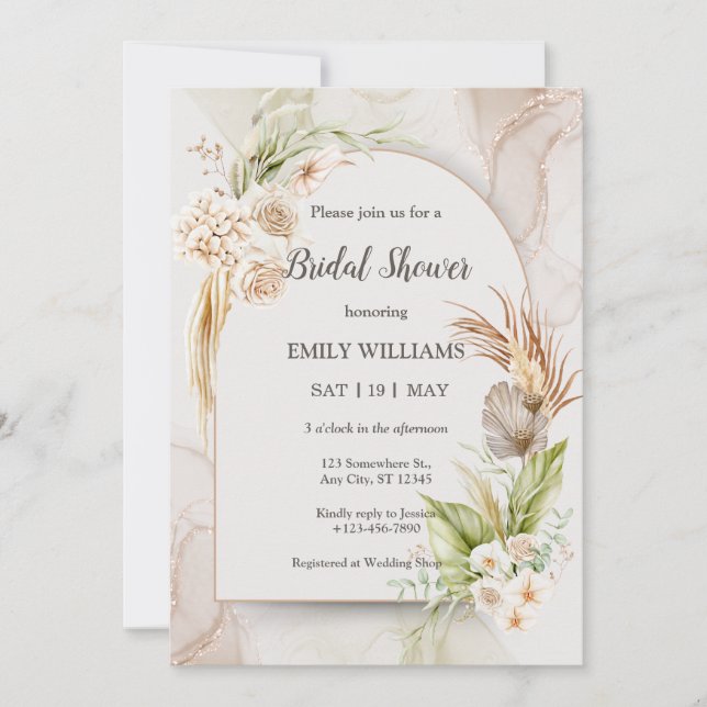 Elegant Boho Tropical Pampas Grass Bridal Shower Inbjudningar (Framsida)
