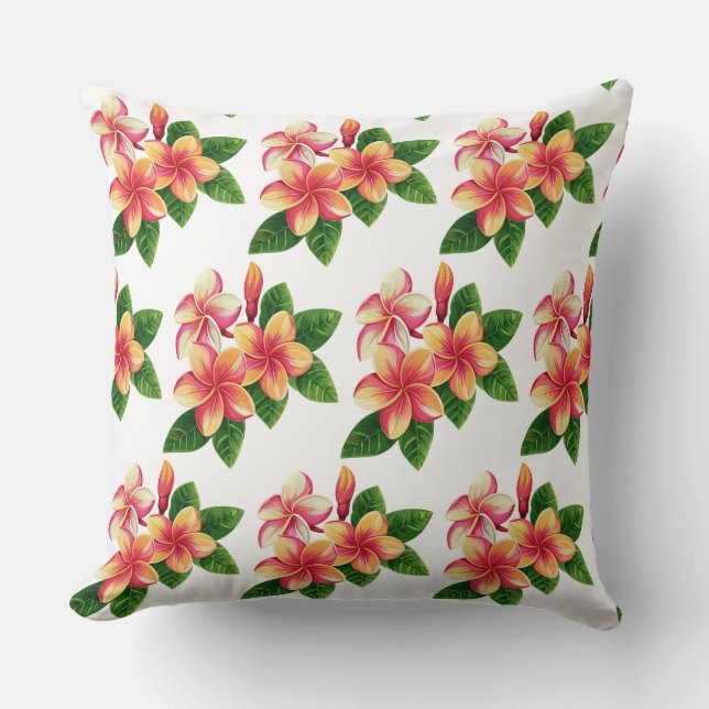 Elegant Boho Tropiska Rosa Blommor på Vit Kudde (Framsida)