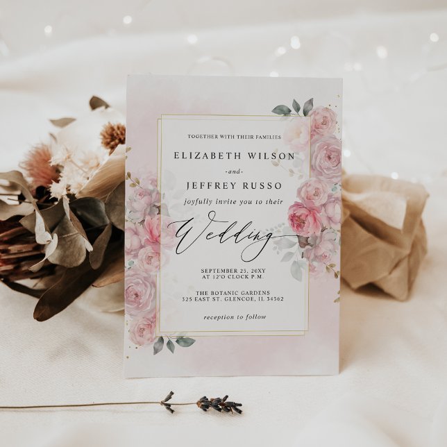Elegant Boho Vår  Blommigten Guld Bröllop Inbjudningar (Elegant Boho Spring Blush Gold Floral Wedding Invitation)