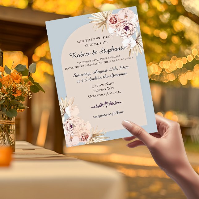 Elegant Boho Vår Peony Christian Bröllop Inbjudningar (Two become one pink floral arched wedding invitations )