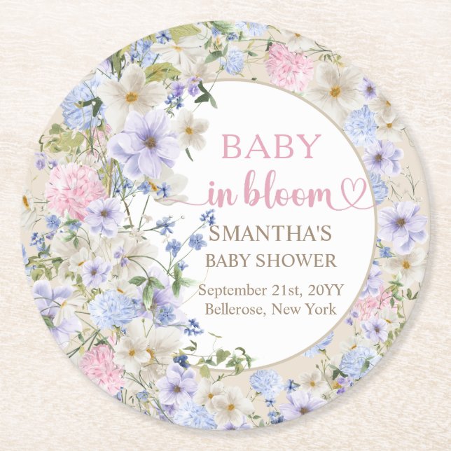 Elegant Boho vår  Wildblomma Baby Shower Underlägg Papper Rund (Framsidan)