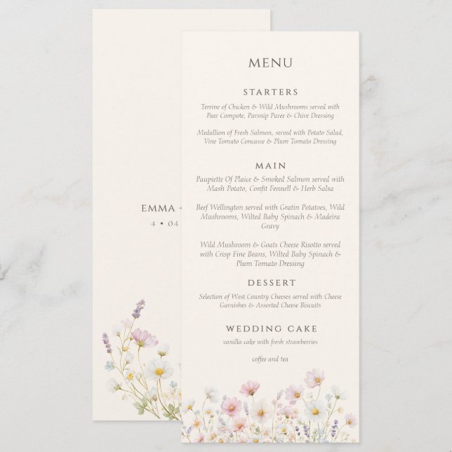 Elegant Boho vilda blommor Skript Bröllop  Meny (Fram/baksida)