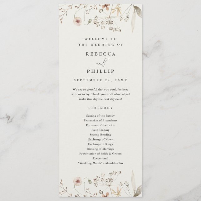 Elegant Boho Vildblomma Bröllop Program (Framsida)