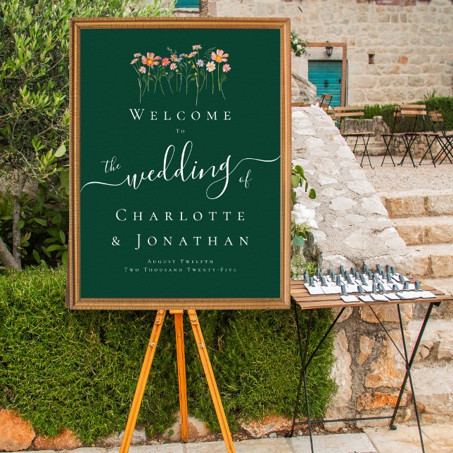 Elegant Boho Vildblomma Grön Bröllop Välkommen Poster (Wildflower meadow boho floral green Wedding welcome sign elegant script watercolor flowers )
