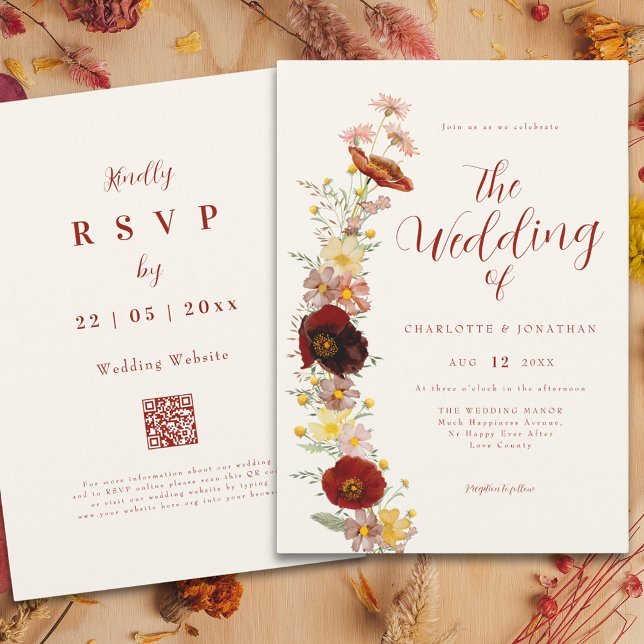 Elegant Boho Vildblomma Höst Inbjudningar (Elegant boho wildflower fall peach brown burnt orange wedding qr code invitation )