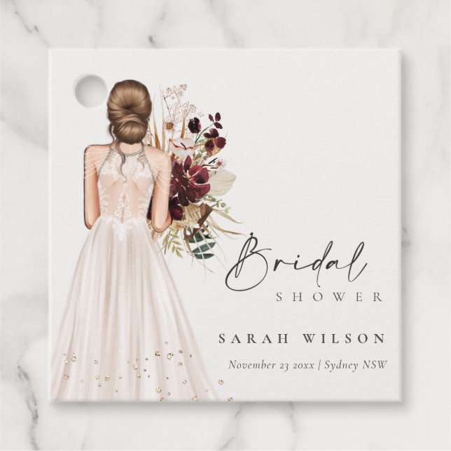 Elegant Boho vit bröllopsklänning Bröllopsdusch Gåvor Etiketter (Framsida)