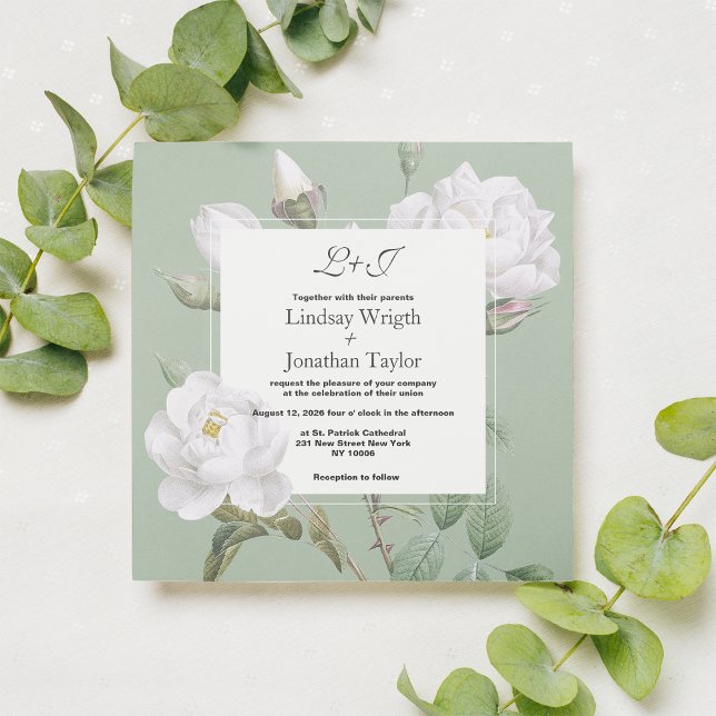 Elegant boho vit mynta grönt ro blommigt Bröllop Inbjudningar (Elegant boho white mint green rose floral Wedding Invitation )