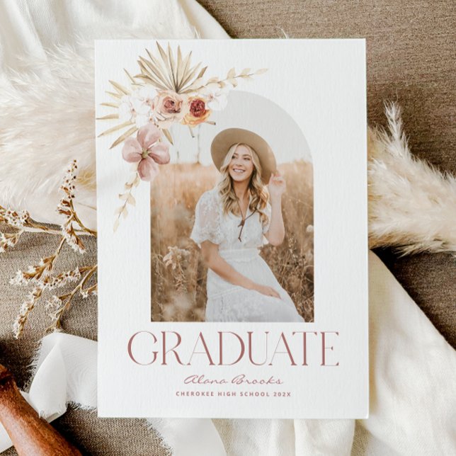 Elegant Boho Watercolor Blommigt | Foto Studenten Meddelande (Elegant Boho Floral Photo Graduation Announcement)