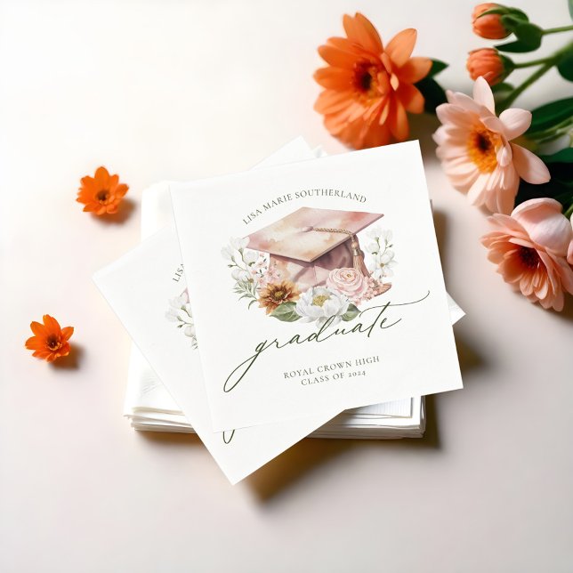 Elegant Boho Watercolor Blommigts Studentmössa Pappersservett (Elegant Boho Watercolor Florals Graduation Cap Napkins)
