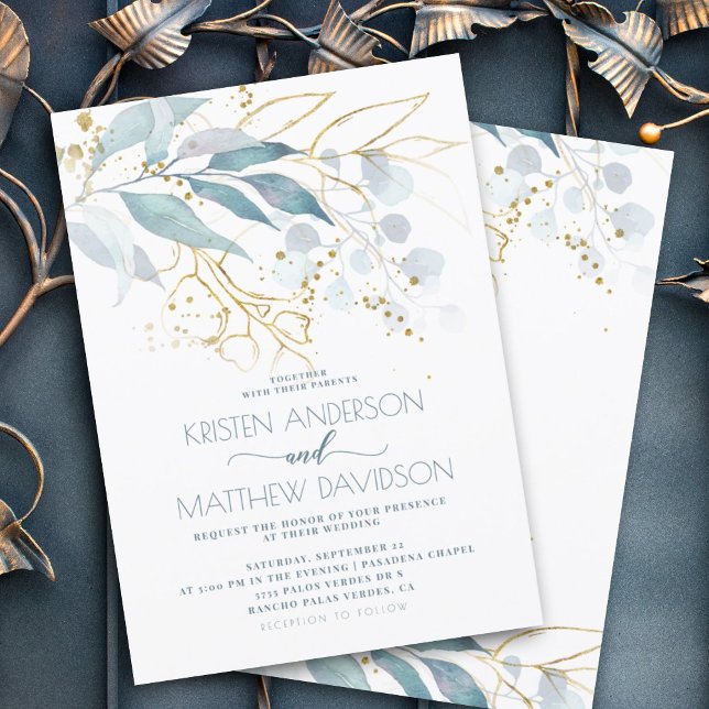 Elegant Boho Watercolor Blue Blommigt Guld Bröllop Inbjudningar (Dusty blue greenery elegant watercolor botanical invitation with gold accents for a bohemian feel.)