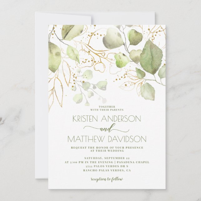 Elegant Boho Watercolor Greenery Guld Bröllop Inbjudningar (Framsida)