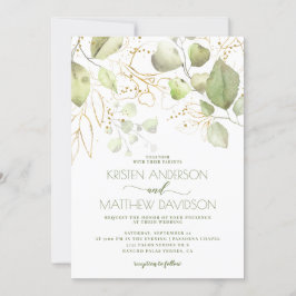 Elegant Boho Watercolor Greenery Guld Bröllop Inbjudningar