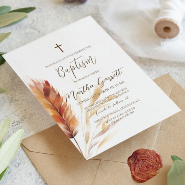 Elegant Boho Watercolor Pampas Fall Girl Baptism Inbjudningar (Skapare uppladdad)