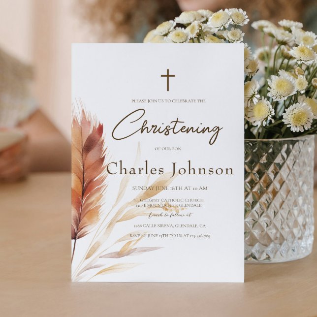 Elegant Boho Watercolor Pampas Fall Son Baptism Inbjudningar (Skapare uppladdad)