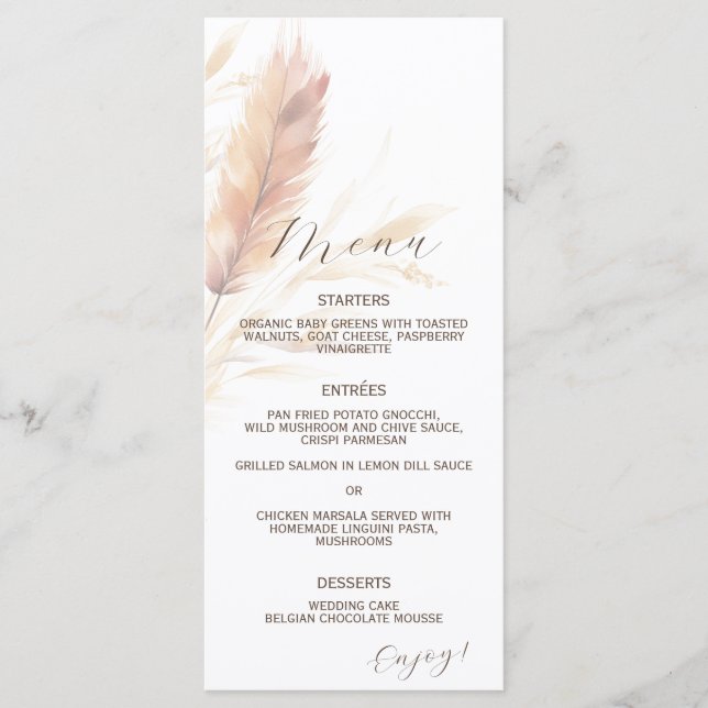 Elegant Boho Watercolor Pampas Fall Wedding Meny (Framsida)