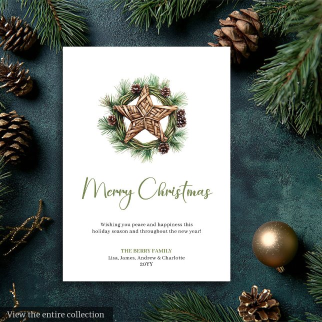 Elegant Boho Watercolor Tallrik Julkort (Elegant Boho Watercolor Pine Wreath Christmas Card)