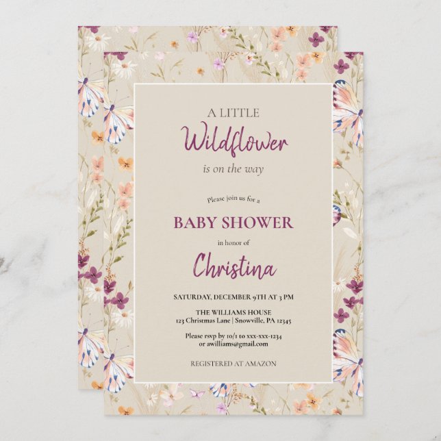 Elegant Boho Watercolor WildblomBaby Shower Inbjudningar (Fram/baksida)