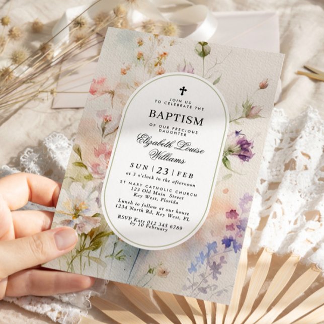 Elegant Boho Watercolor Wildblommor Baptism Inbjudningar (Skapare uppladdad)