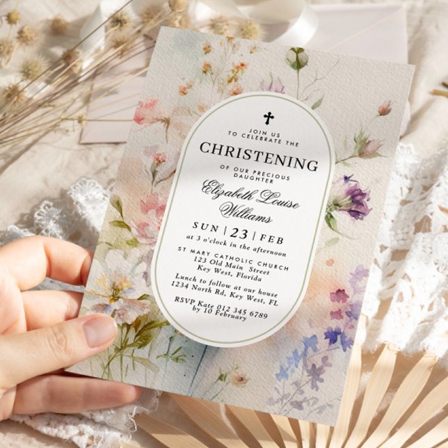 Elegant Boho Watercolor Wildblommor Christening Inbjudningar (Skapare uppladdad)
