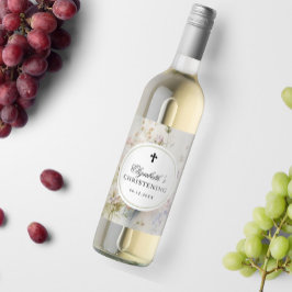 Elegant Boho Watercolor Wildflowers Christening Vinflaska Etikett