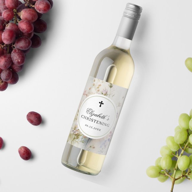 Elegant Boho Watercolor Wildflowers Christening Vinflaska Etikett (Skapare uppladdad)