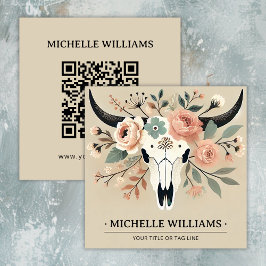 Elegant Boho Western Bull Cow Skull med QR-kod Fyrkantigt Visitkort