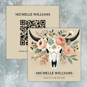 Elegant Boho Western Bull Cow Skull med QR-kod Fyrkantigt Visitkort