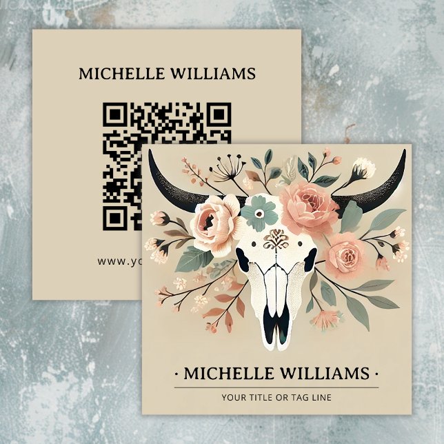 Elegant Boho Western Bull Cow Skull med QR-kod Fyrkantigt Visitkort (Elegant Boho Western Bull Cow Skull with QR Code Square Business Card)