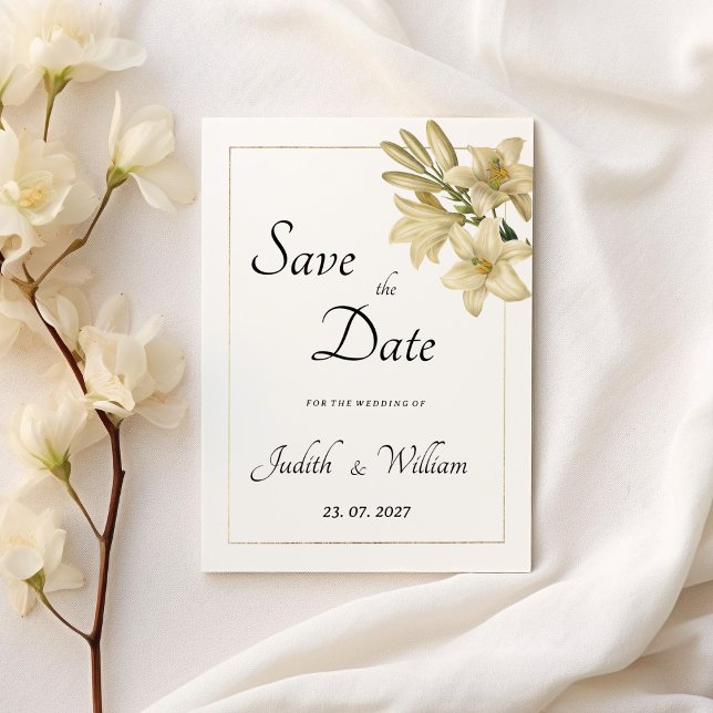 Elegant boho white guld blommigt lily Spara datum Inbjudningar (Elegant boho white gold floral lily Save the Date)