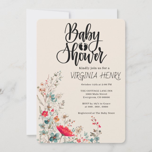 Elegant Boho WildblomBaby Shower Inbjudningar (Framsida)