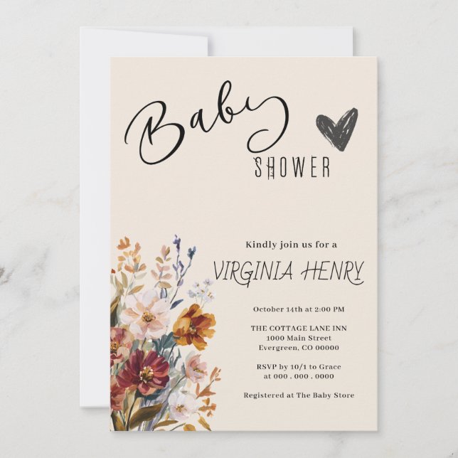 Elegant Boho WildblomBaby Shower Inbjudningar (Framsida)