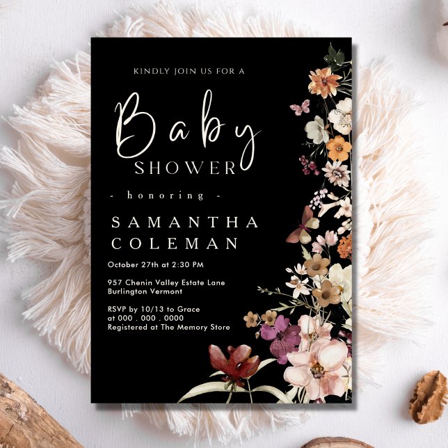 Elegant Boho WildblomBlack Pastel Baby Shower Inbjudningar (Skapare uppladdad)